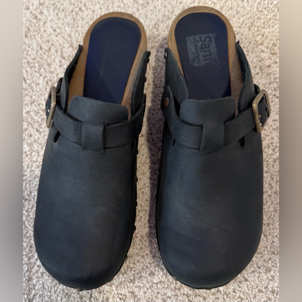 Sanita Kristel Black Nubuck Leather Wood Studded Clog Mule Shoes w/ Buckle - Picture 4 of 15